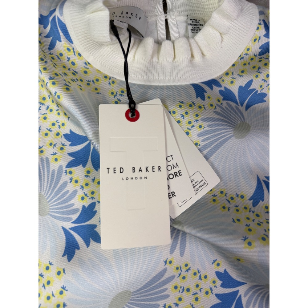 Ted Baker New Luseea Sky Blue Blouse Size 0 Small Woven Knit Top Floral Ruffle - Picture 6 of 12